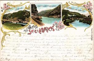 1897 Zidani Most, Steinbrück; Eisenbrücke Ratschach, Cementfabrik von der Sannbrücke / general view,...