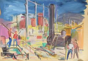 Jelzés nélkül: Építkezés. Akvarell, papír, feltekerve, lapszéli apró szakadásokkal, 50x70 cm