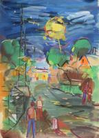 Jelzés nélkül: Járókelők. Akvarell, papír, feltekerve, 61x43,5 cm