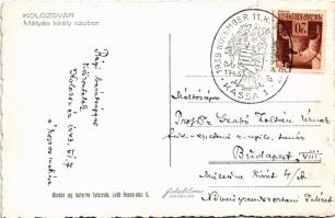 1943 Kolozsvár, Cluj; Mátyás király szobor este. A képeslap címzettje Dr. Szabó Zoltán botanikus (18...