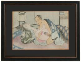 cca 1850 Shunga - Shógun és lány. Japán, feltehetően Edo-korszak, japán tus és akvarell, hajtott, ra...