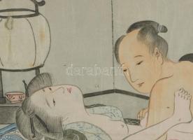 cca 1850 Shunga - Shógun és lány. Japán, feltehetően Edo-korszak, japán tus és akvarell, hajtott, ra...