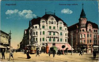 1916 Nagyvárad, Oradea; Fekete Sas szálloda, villamosok, utca. Vasúti levelezőlapárusítás / hotel, t...