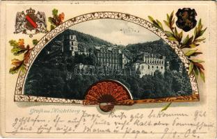 1902 Heidelberg, view, montage with fan and coat of arms. Art Nouveau, floral, Emb. litho (EK)