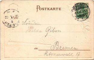 1902 Heidelberg, view, montage with fan and coat of arms. Art Nouveau, floral, Emb. litho (EK)