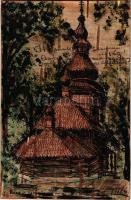 Ruszin templom. Kézzel rajzolt fakéreg művészlap / hand-drawn art postcard on a tree bark, Ruthenian...