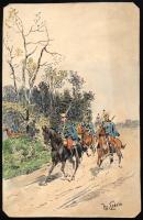 1908 Moritz Ledeli (1856-1920): Huszárok. Vegyes technika, karton, jelzett, a hátoldalon halvány, ké...