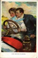 1913 "Love and Six Cylinders" Lady art postcard, romantic couple, chauffeur. M. Munk Vienn...