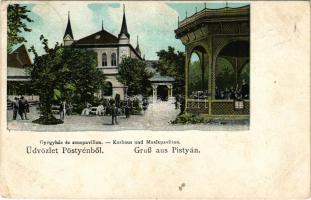 1908 Pöstyén, Pistyan, Piestany; Gyógyház és zenepavilon zenekarral. Gipsz H. kiadása / spa hall, mu...