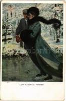 1913 "Love laughs at winter" Lady art postcard, romantic couple, ice skating. M. Munk Vien...