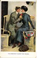 "The sweetest flower that blows" Lady art postcard, romantic couple. M. Munk Vienne Nr. 83...