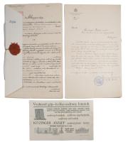 1909-1914 Einczinger Ferenc részére szóló 3 db irat: az esztergomi árvédelmi munkálatok m. kir. kire...