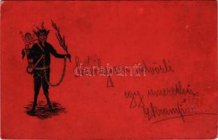 1899 Krampusz gyerekkel / Krampus with child greeting art postcard. Emb. (gyűrődések / creases)