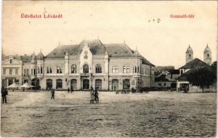 1907 Léva, Levice; Kossuth Lajos tér, Városháza, Barsmegyei Népbank, Lang központi kávéháza, Kovács ...