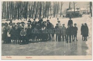 1916 Detta, Ghedu, Deta; Jégpálya, jégkorcsolyázó gyerekek télen. Ballon József kiadása / ice skatin...