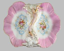 Antik porcelán asztalközép,kínáló. Kézzel festett, CF jelzéssel, kis kopással 30x28 cm