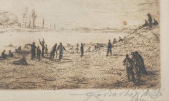 Farkasházy Miklós (1895-1964): Dunapart Vácnál, 1920-as évek. Rézkarc, papír, jelzett, üvegezett fak...