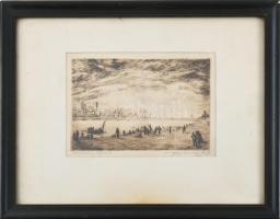 Farkasházy Miklós (1895-1964): Dunapart Vácnál, 1920-as évek. Rézkarc, papír, jelzett, üvegezett fak...