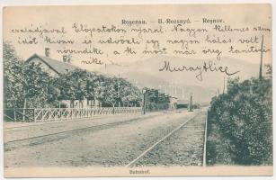 1909 Barcarozsnyó, Rozsnyó, Rosenau, Rasnov; vasútállomás. Albert Marzell kiadása / Bahnhof / railwa...