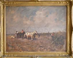 Csallóközi Farkas Lőrinc (1898-1966): Betakarítás. Olaj, vászon, jelezve balra lent. Dekoratív, sérü...