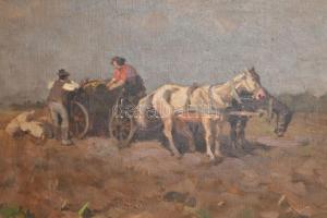 Csallóközi Farkas Lőrinc (1898-1966): Betakarítás. Olaj, vászon, jelezve balra lent. Dekoratív, sérü...