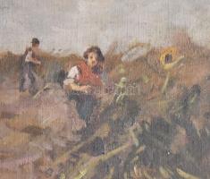 Csallóközi Farkas Lőrinc (1898-1966): Betakarítás. Olaj, vászon, jelezve balra lent. Dekoratív, sérü...