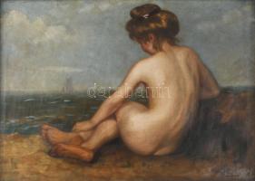 Udvardy Flóra (1880-?): Női akt a tengerparton (1908?). Olaj, vászon, jelezve jobbra lent. Dekoratív...
