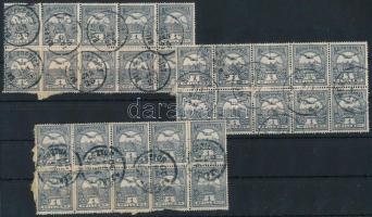 1909-1913 3 db Turul 1f 10-es tömb, I-II. típusok, szép bélyegzések (1 bélyeg sérült / 1 stamp is da...