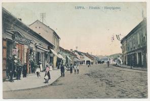 1913 Lippa, Lipova; Fő utca, Huszarek G. A., Weisz Vilmos üzlete. Konstantin Sándor kiadása / main s...