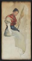 Deák Ébner Lajos (1850-1934): Lány guzsallyal. Akvarell, papír. Jelzett. Üvegezett fakeretben. 41,5x...