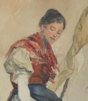 Deák Ébner Lajos (1850-1934): Lány guzsallyal. Akvarell, papír. Jelzett. Üvegezett fakeretben. 41,5x...