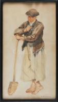 Deák Ébner Lajos (1850-1934): Pipázó legény. Akvarell, papír. Jelzett. Üvegezett fakeretben. 39x22 c...