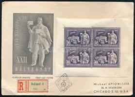 1949 Bélyegnap (22.) kisív ajánlott FDC-n Chicago-ba küldve (25.000)