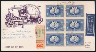 1949 UPU 1Ft két szélen fogazatlan bélyegfüzetlap légi ajánlott CM-en Chicago-ba küldve