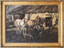 Udvary Pál (1900-1987): Lópatkolás. Olaj, vászon. Jelezve jobbra lent. Hátoldalán 1930-40 körüli, ki...