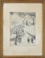Győry Miklós (1905-1995): Badacsony, 1960. Rézkarc, papír, jelzett. Gyűrődésekkel, lapszéli apró fol...