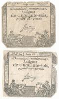 Franciaország 1792-1793. 50s "Assignata" (2xklf) vízjellel és szárazpecséttel T:VG ragaszt...