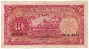 Kína 1935. 10Y "Bank of Communications" "D245447H" T:F erős papír
China 1935. 1...
