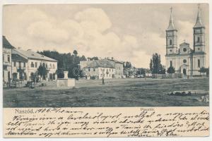 1906 Naszód, Nasaud; Piactér, Mercur szálloda, Goldstein üzlete, templom / market square, hotel, sho...