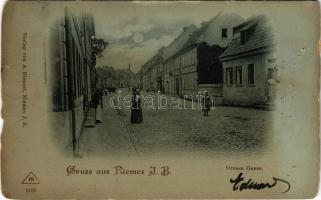 1899 Mimon, Niemes; Grosse Gasse. Verlag von A. Bienert / street view at night in moonlight (b)