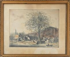 Ősz Dénes (1915-1980): Udvar. Színezett rézkarc, papír, jelzett, kissé foltos. Üvegezett, kissé sérü...