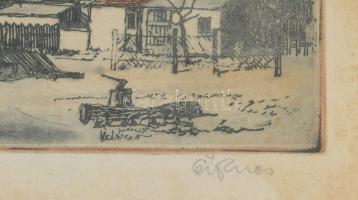 Ősz Dénes (1915-1980): Udvar. Színezett rézkarc, papír, jelzett, kissé foltos. Üvegezett, kissé sérü...