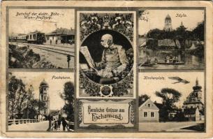 Fischamend, Bahnhof der elektr. Bahn Wien-Pressburg, Idylle, Fischaturm, Kirchenplatz / railway stat...