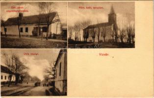 1910 Vízvár (Somogy), Gut Jakab üzlete, Római katolikus templom, utca részlet (EK)