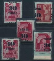 1945 Kisegítő (IV.) 5 db bélyeg eltolódott felülnyomásokkal
