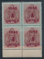 1945 Kisegítő (IV.) 1P/10f ívszéli 4-es tömb hiányos alapnyomattal és a felülnyomás gépszín átnyomat...