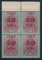 1945 Kisegítő portó 20f/8f ívszéli 4-es tömb eltolódott felülnyomással