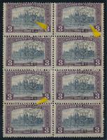 Kolozsvár 1919 Parlament 3K 8-as tömb, benne 3 db bélyeg lemezhibák, Bodor vizsgálójellel