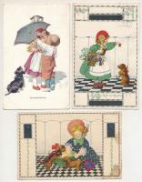 3 db RÉGI művészlap tacskó kutyával, az egyik K. Feiertag szignóval / 3 pre-1945 art postcards with ...