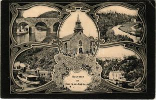 Chateau-Thébaud, multi view postcard, steamship, bridge, church. Art Nouveau (Rb)